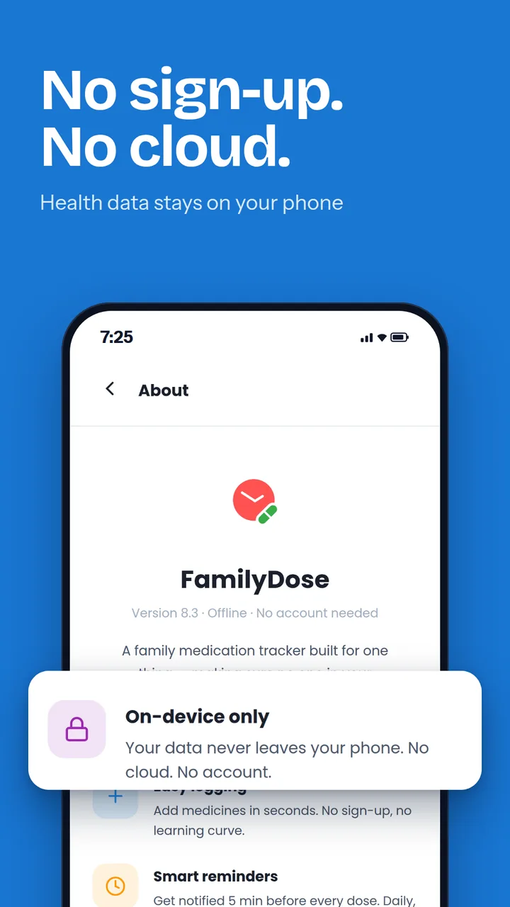 No sign-up, no cloud: FamilyDose keeps health data on your device