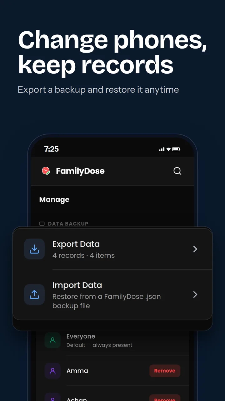 Keep every record: export a backup and restore it on a new phone, shown in dark mode
